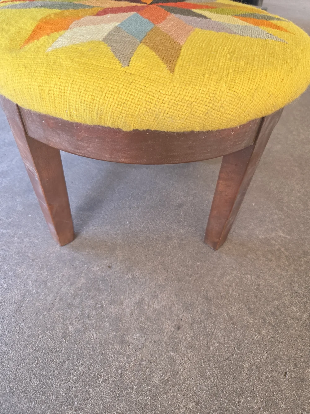Vintage Mid Century Modern Needlepoint Footstool - Round Geometric